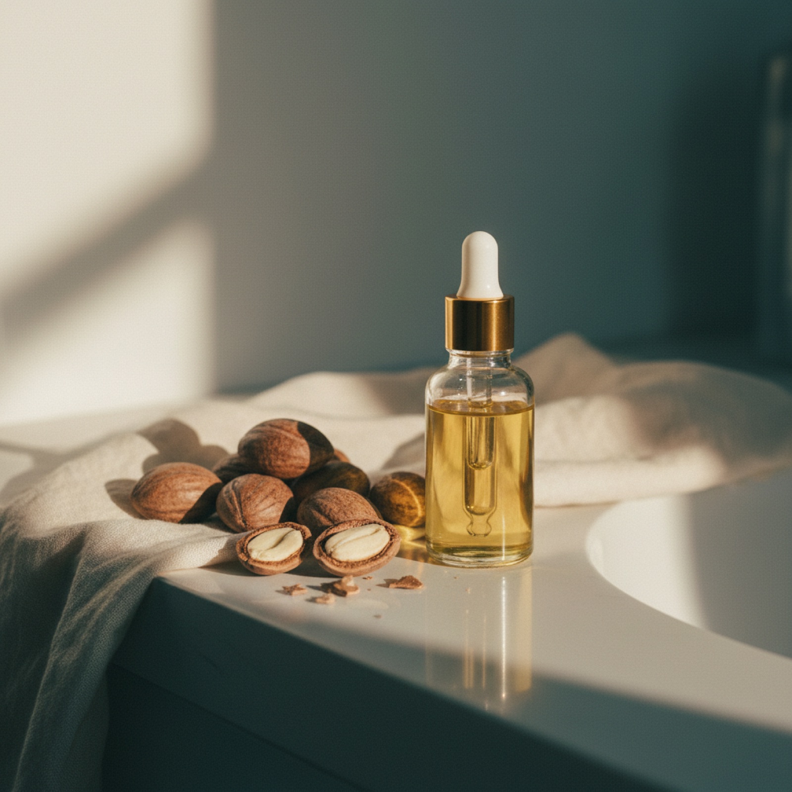 A glass bottle of golden argan oil with argan nuts on soft linen